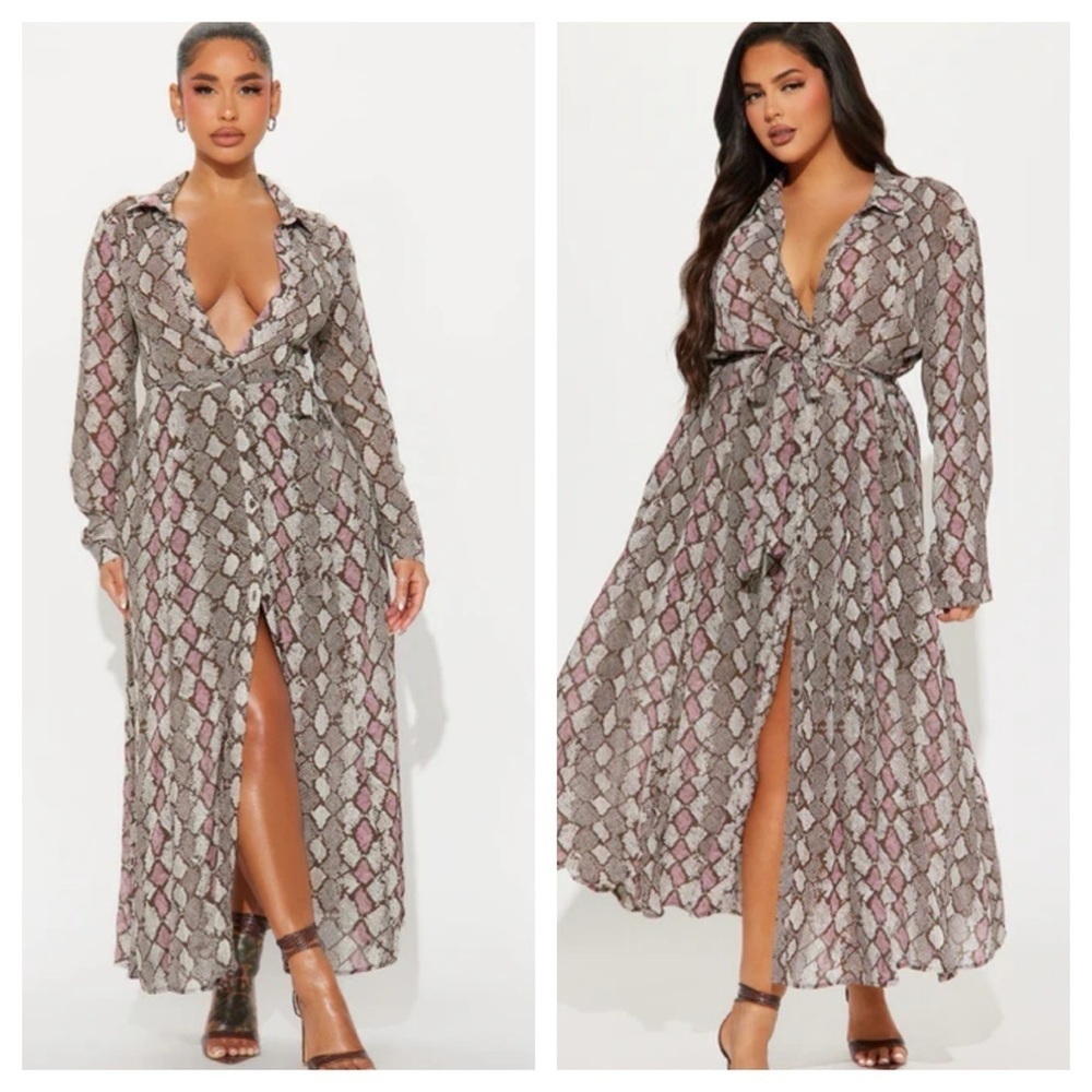 Fashion Nova Zara Chiffon Midi Shirt Dress - Grey/combo NWT size S